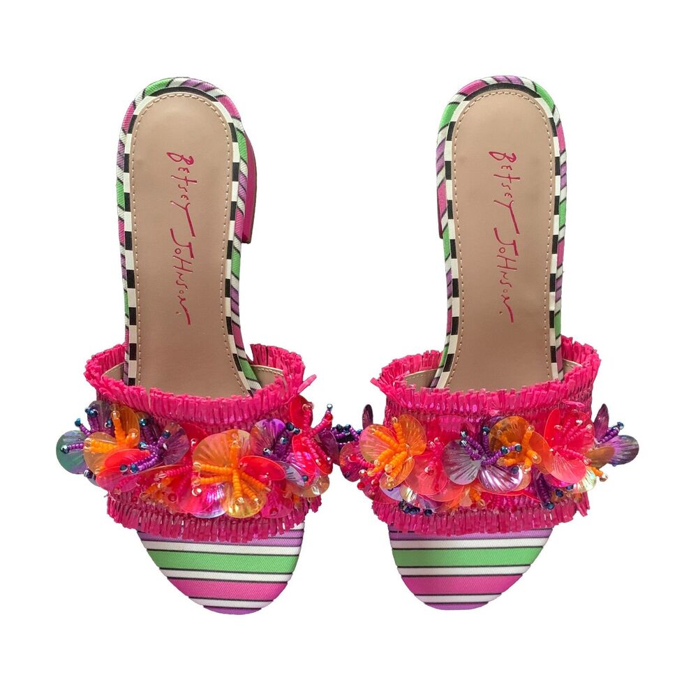 Betsey Johnson Floral Beaded Slide Sandals Pink Striped Size 6 Worn Once - Picture 3 of 6